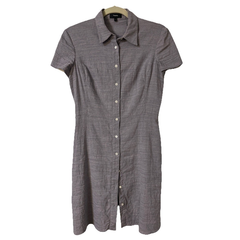 Theory Linen Bottom Down Short Sleeve Dress Blue Gray Cotton Size 6 Lined Resort